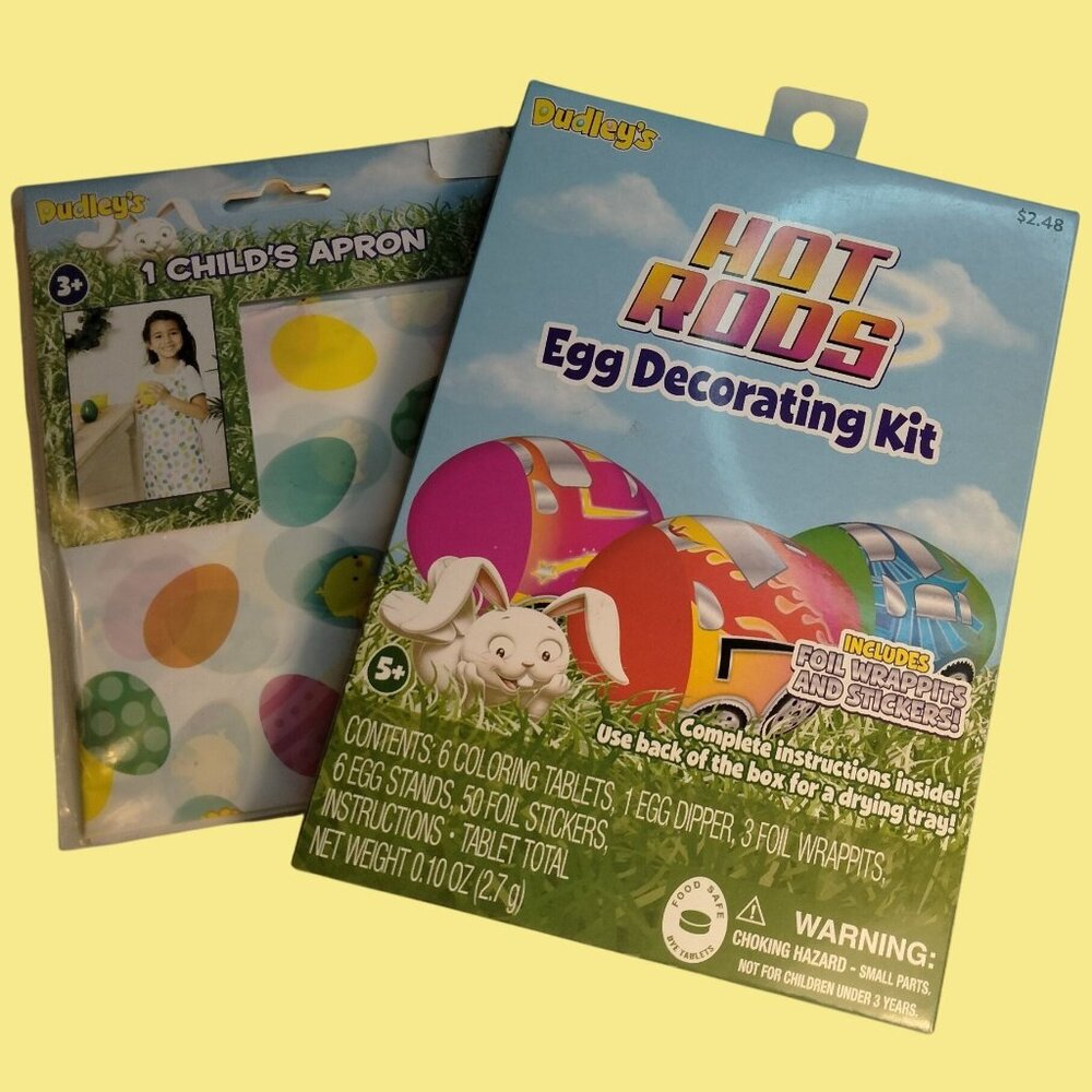 Dudleys Easter Egg Decorating Kit Hot Rods Dye Foil Stickers Stand Dipper Apron